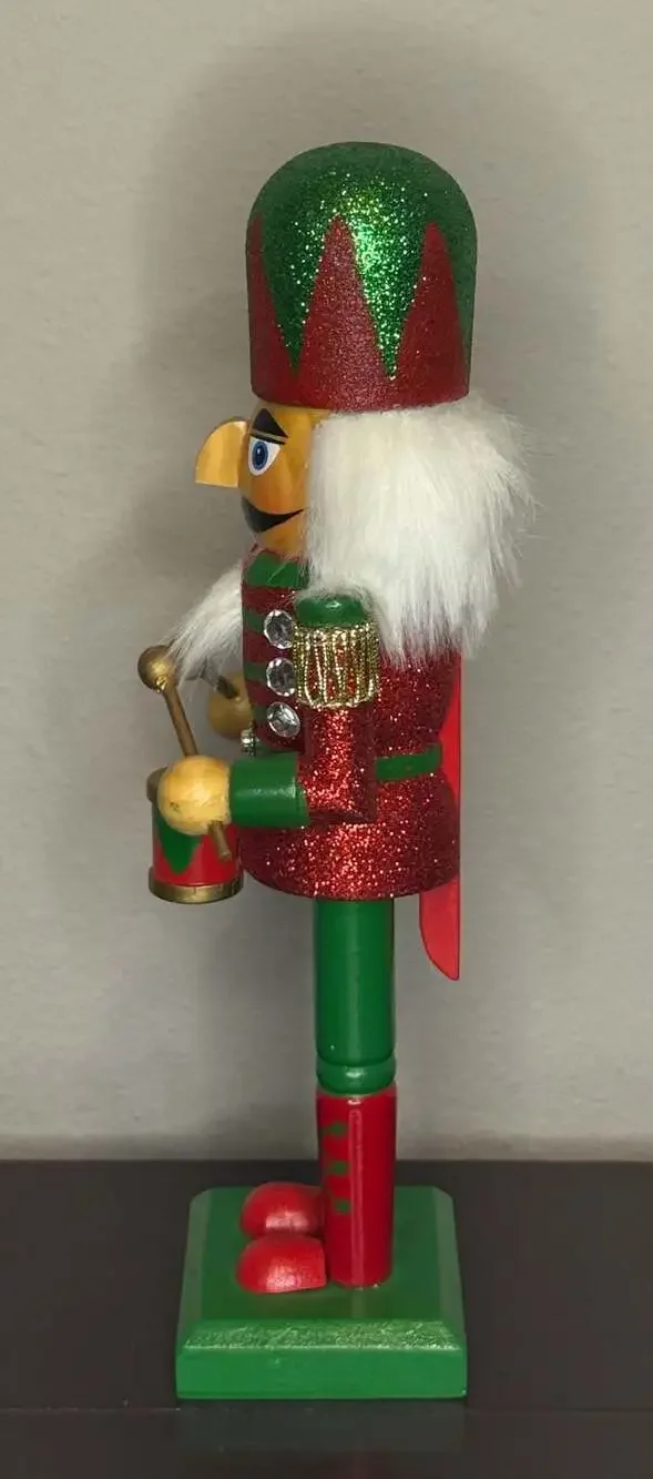 Vintage Drummer Nutcracker, Red and Green Glitter Festive Christmas Decor 10”